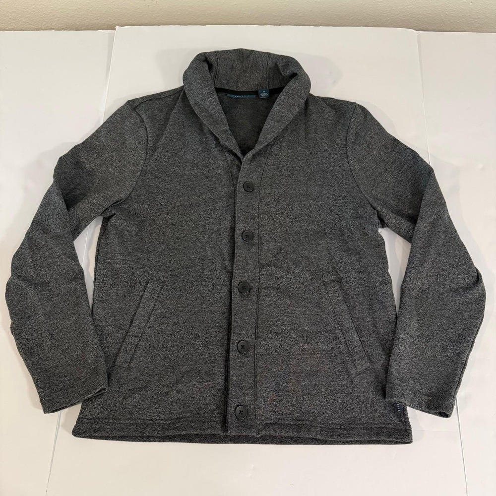 Perry Ellis Mens Gray Shawl Collar Button Front Cardigan Sweater Jacket Size M